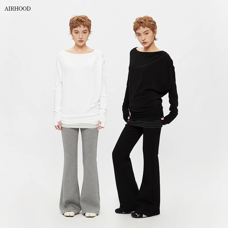AIRHOOD 美式大圆领肩纯色长袖T恤女春秋设计感打底衫潮牌上衣ins
