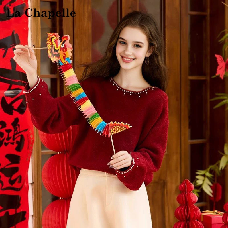 La Chapelle/拉夏贝尔新年红钉珠毛衣女装秋冬高级感小香风针织衫