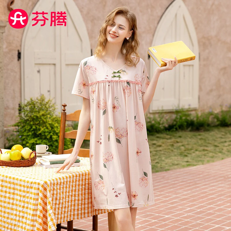 芬腾【纯棉】夏季圆领领浪漫花卉中长裙短袖睡裙外穿夏季秋天中长款
