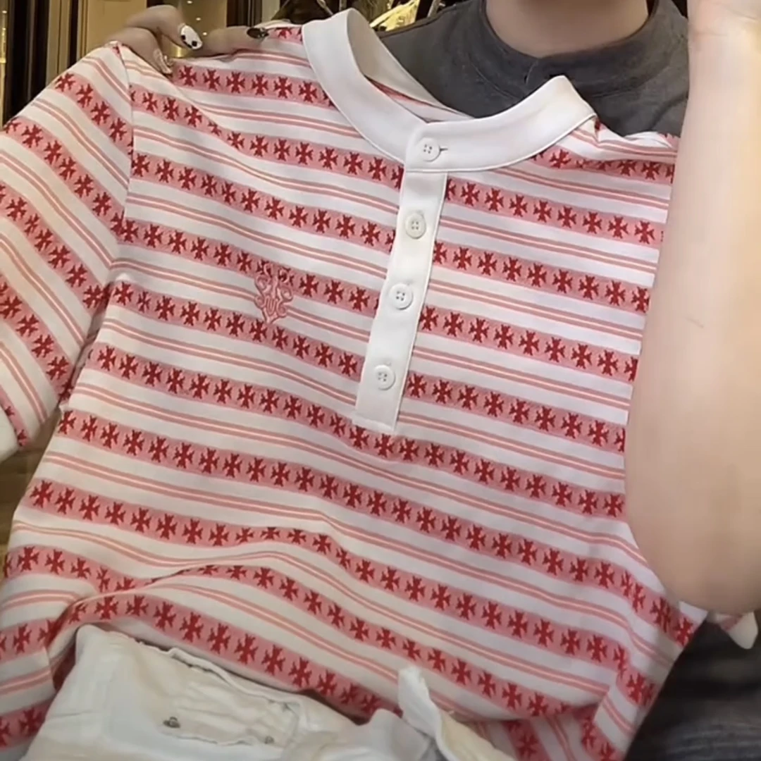 短袖纽扣宽松型拼接明线装饰T恤条纹时尚夏季新款软糯舒适亲1172