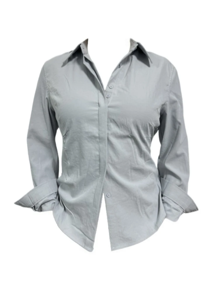 Amy家 微胖mm美式辣妹风长袖衬衫女秋季设计感褶皱显瘦polo领上衣