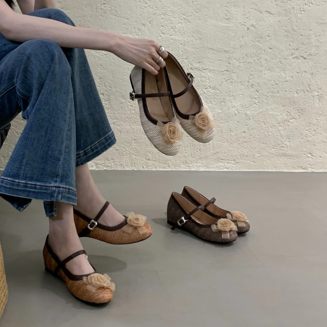 QR-BF-99内增高草编包头半拖女2025新款小众复古拼接一字带穆勒鞋