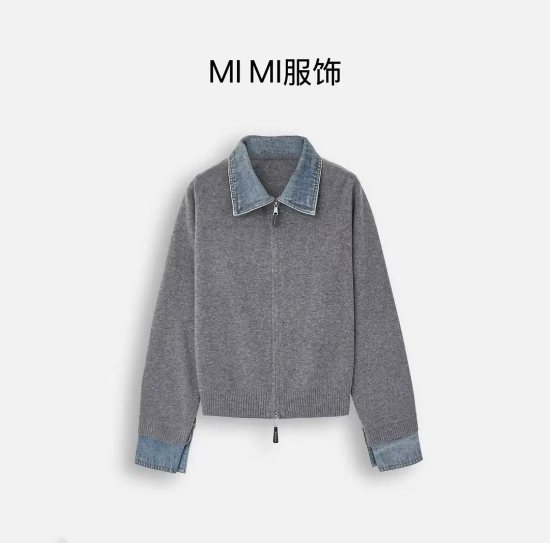 【米米服饰】冬季新款“绵羊毛”牛仔翻领拉链针织开衫 2502-375