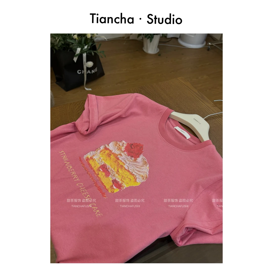 sweet c【草莓蛋糕】M391#2025夏季韩版正肩短袖T恤女甜美气质百搭