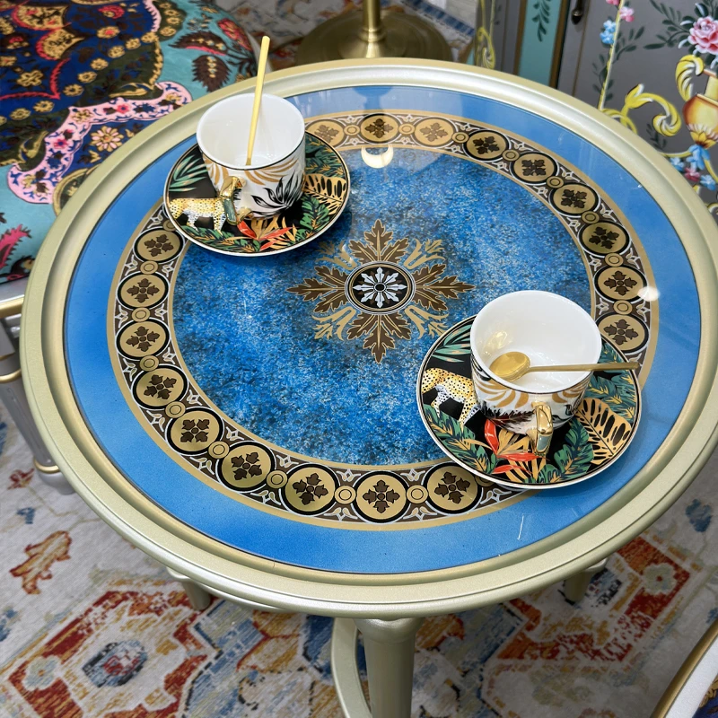 美式彩绘玻璃圆桌香槟色法式田园角几沙发边几休闲圆几rs33