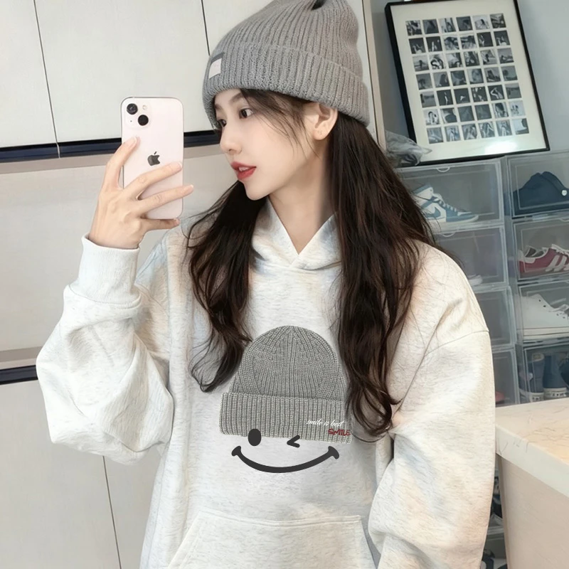 白灰色连帽卫衣女2025秋冬新款秋冬加绒oversize宽松休闲上衣外套