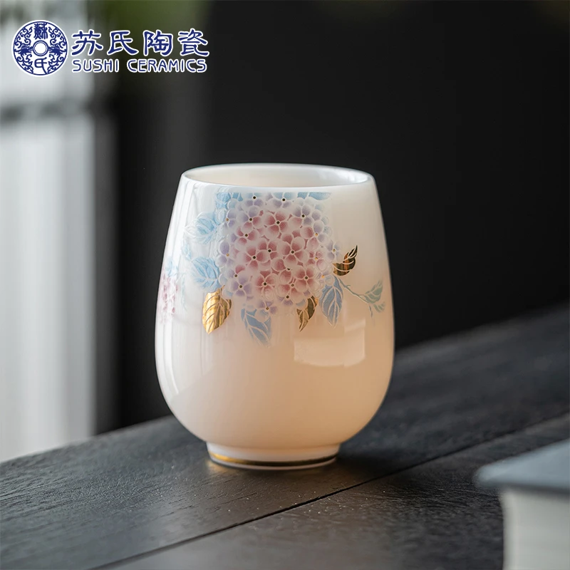 高端冰种玉瓷绣球花龙蛋杯品茗杯主人杯个人茶杯节日伴手礼盒装