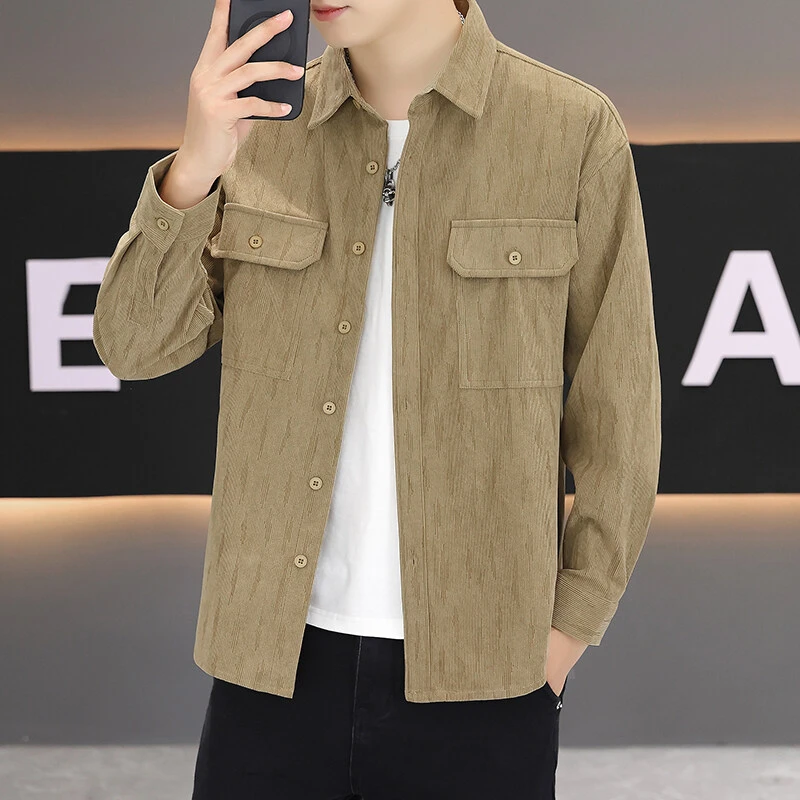 港风衬衫男士外套上衣服2025春季新款外套潮流夹克男装灯芯绒磨砂