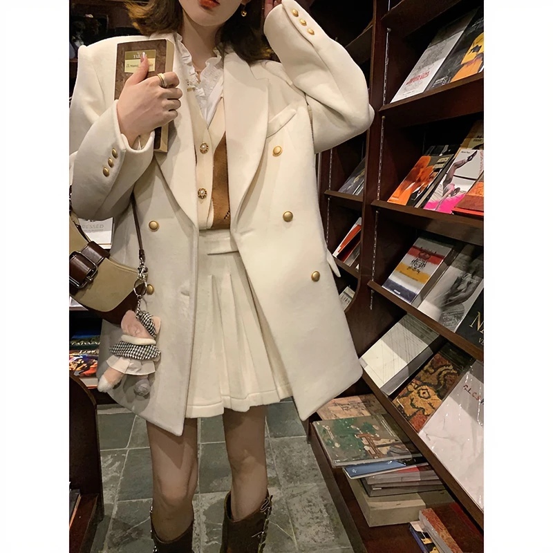 胡诗萌Mimo小茗萌休闲毛呢西装外套套装冬设计感半身裙两件套M072