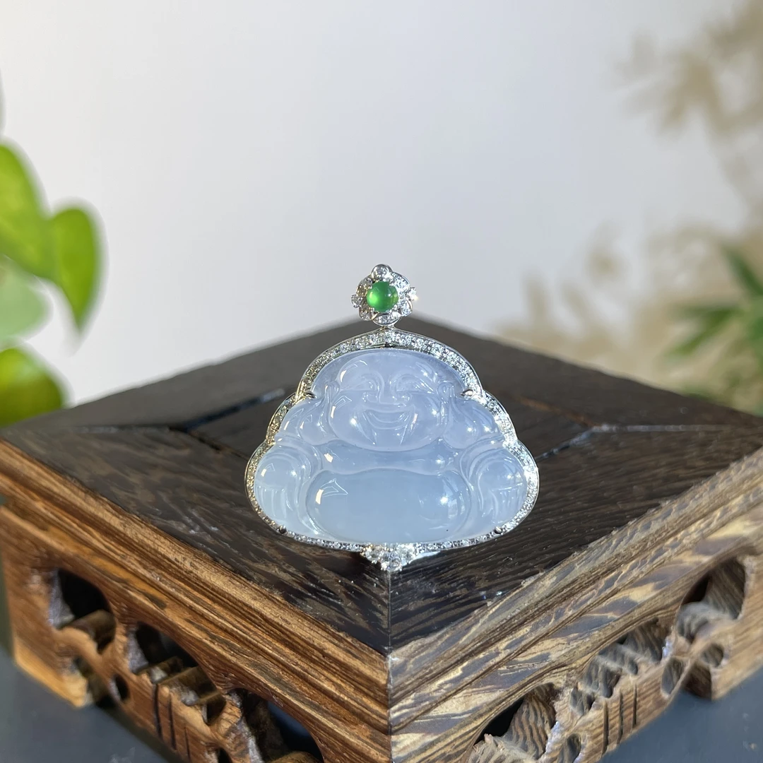 JTB19-107 天然翡翠缅甸A货 18K含钻镶嵌佛公