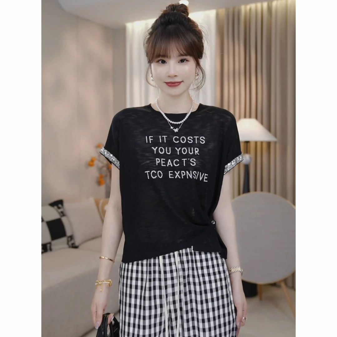 LMENY灵动符号~亮片字母下摆开叉纽扣薄款针织衫25BM034