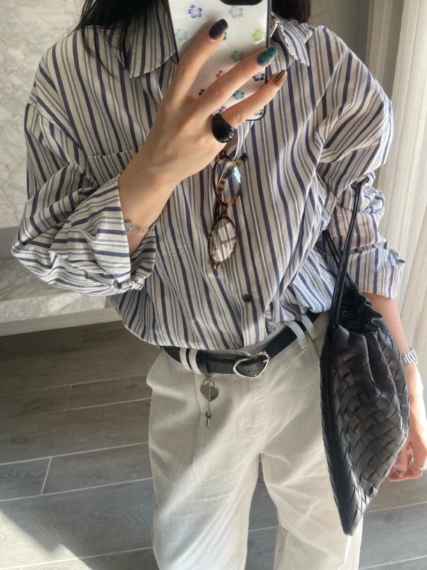 embrace春款蓝色条纹法式宽松衬衫