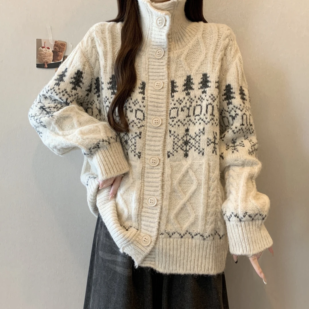 设计感费尔岛提花杏色麻花毛衣女冬季大码胖mm慵懒风针织开衫外套