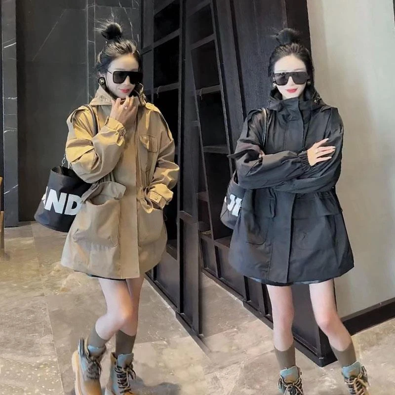 欧货2025春秋季新款韩版时尚休闲连帽工装外套女风衣中长款冲锋衣