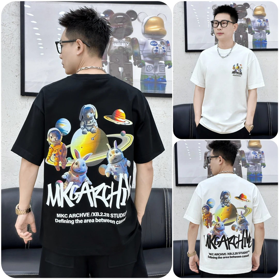 夏季短袖男t恤3D直喷T恤兔星球卡通针织短袖宽松潮流半袖8868