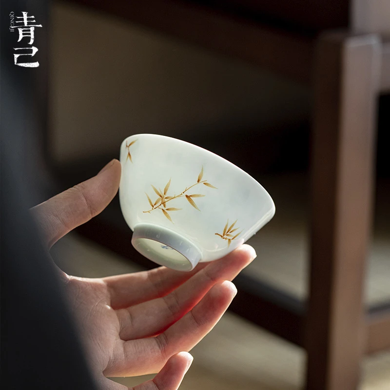 青己薄胎主人杯手绘青花釉下彩茶杯家用单杯功夫品茗杯 苍色竹凤