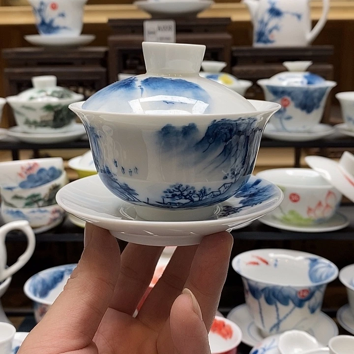 手绘微瑕山水盖碗