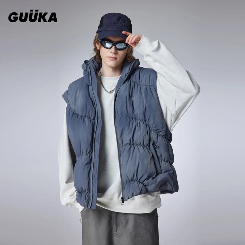GUUKA废土风灰色立领羽绒马甲冬季新款日系扎染白鸭绒外套J60875