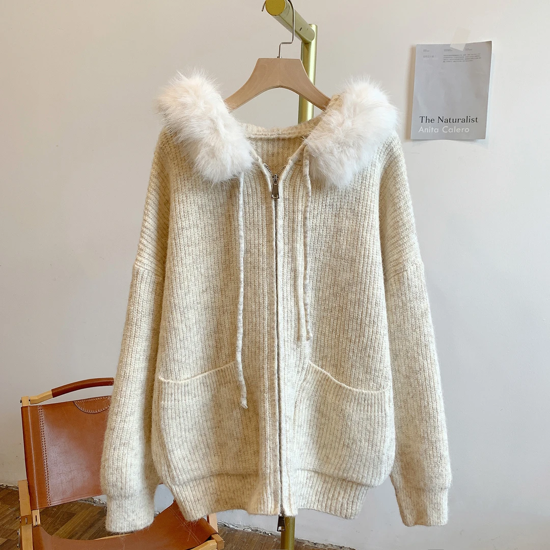 C5071双头拉链可拆卸毛条抽绳连帽针织开衫毛衣