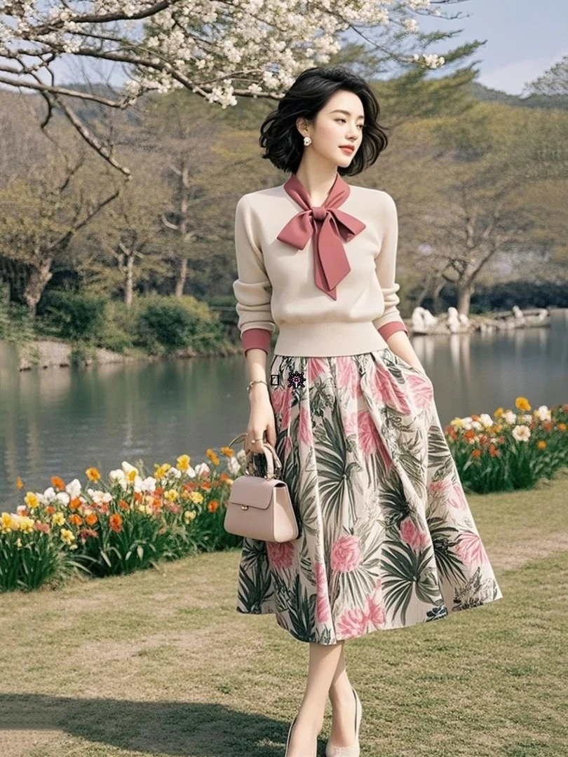 （莫奈花园）2025秋冬精纺细羊毛羊绒混纺针织衫+蚕丝缎面碎花套装