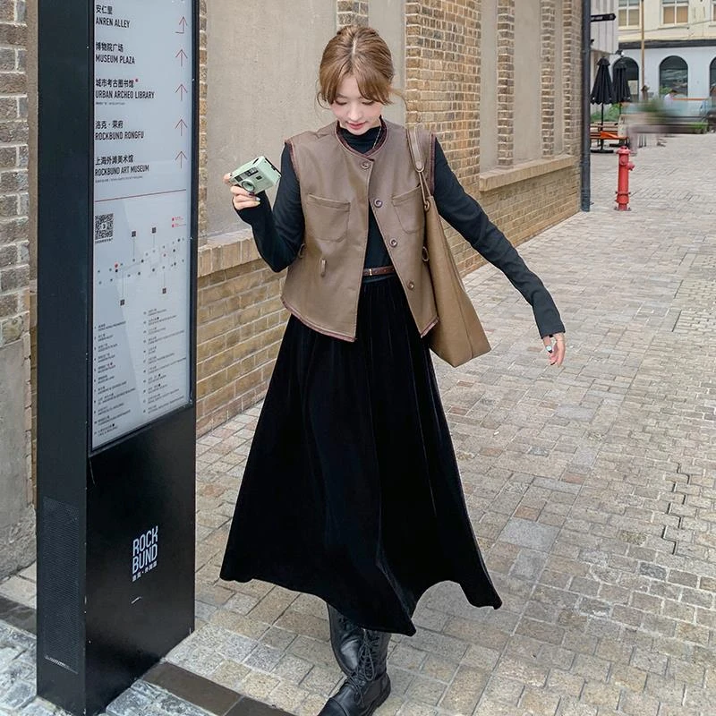 韩系穿搭pu皮马甲连衣裙套装女2025春秋高级感时尚气质长裙两件套