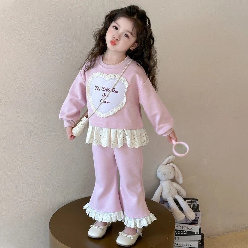 女童春装洋气套装2025新款宝宝韩版卫衣花边喇叭裤儿童时髦两件套
