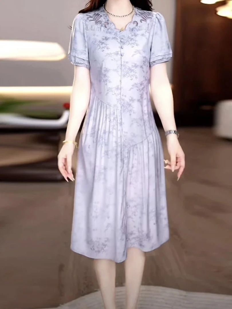 【连衣裙裙子】2025夏季新款中式复古收腰显瘦修身遮肚女士连衣裙