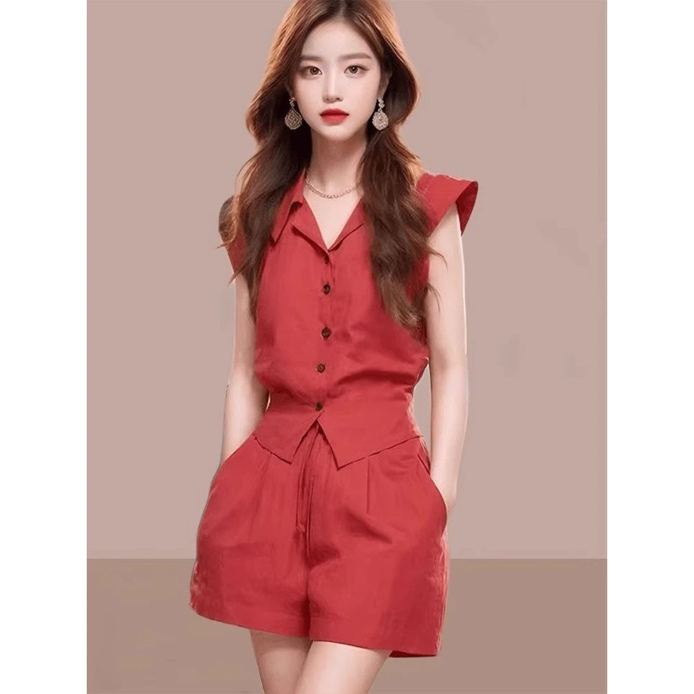 盐系轻熟风套装女士2025夏季新款修身上衣高腰显瘦短裤休闲两件套