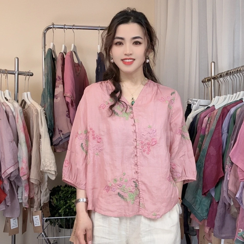 8007苎麻衬衫女2025春夏新款百搭显瘦上衣休闲复古绣花V领小衫女