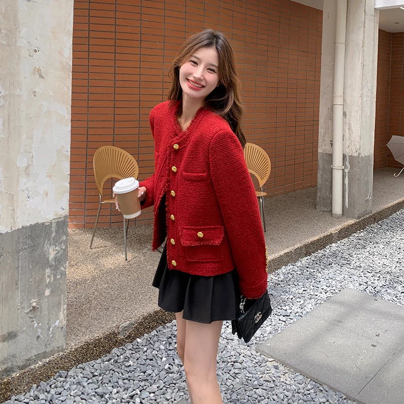 红色洋气巨好看的流苏小香风短外套女2025秋季新款气质粗花呢夹克