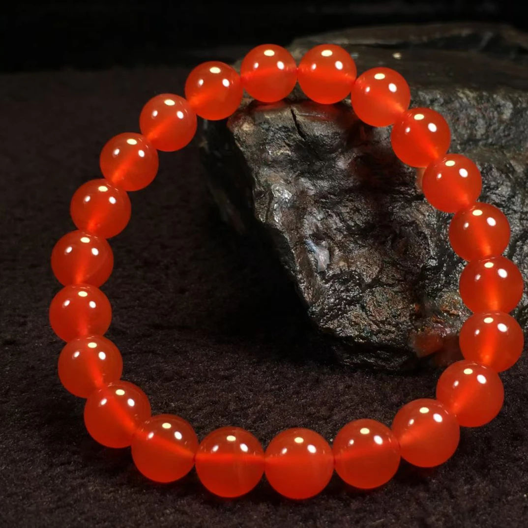 收藏品保山河湾冰红手串河湾料干净无杂8mm➕超级荧光珠光宝气