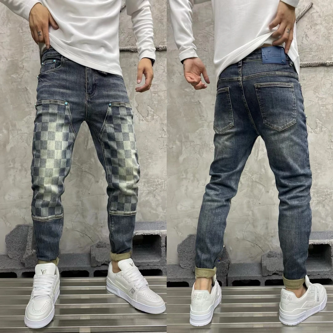 50035男士秋冬绿松石棋盘格牛仔裤