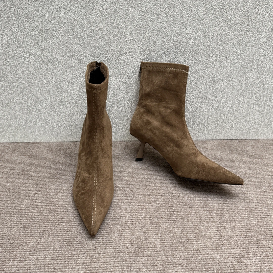 尖头棕色裸靴2025年欧美风时尚显瘦女短靴气质女鞋法式高跟弹力靴