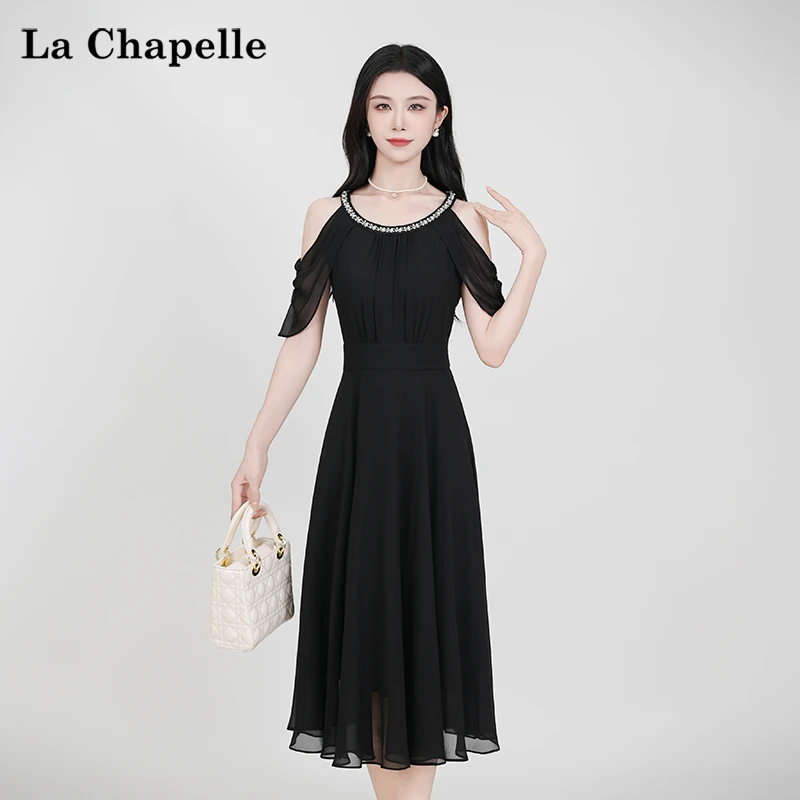 【拉夏贝尔】夏季法式设计感显瘦松紧腰短袖裙子女收腰连衣裙