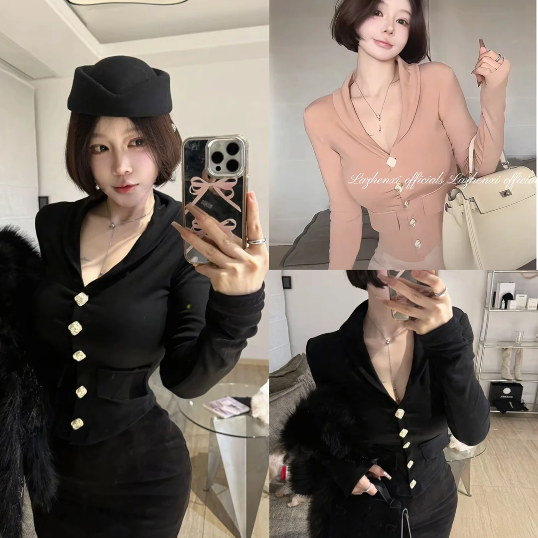 法式复古排扣磨毛修身显瘦打底针织上衣女秋日常显瘦内搭长袖上衣