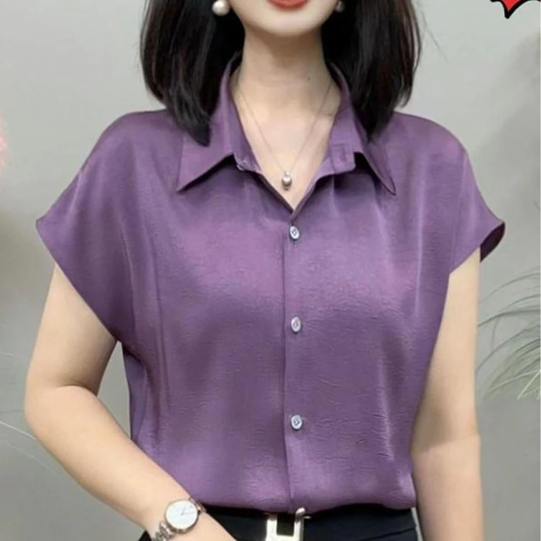 8971夏季新款纯色气质开衫上衣女洋气中年妈妈遮肉显瘦落肩袖衬衫