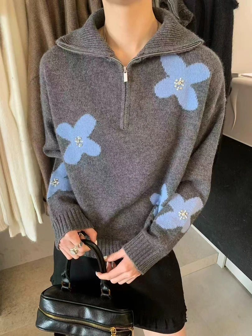 韩版提花重工钉珠拉链翻领长袖针织衫女冬季新款洋气百搭加厚毛衣