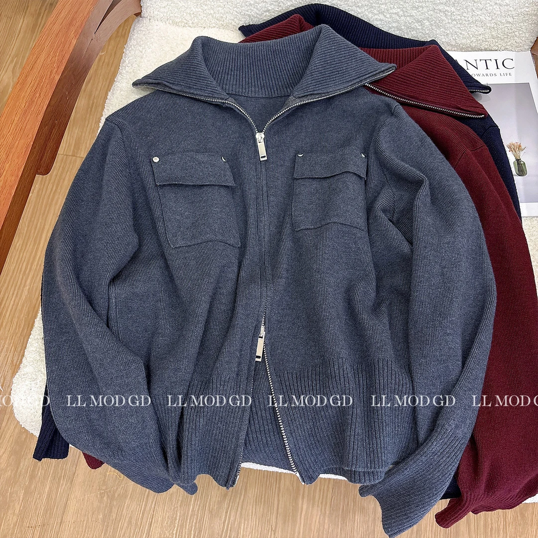 型随链动 翻领百搭显瘦双拉链设计宽松慵懒绵羊毛针织XR-6200610