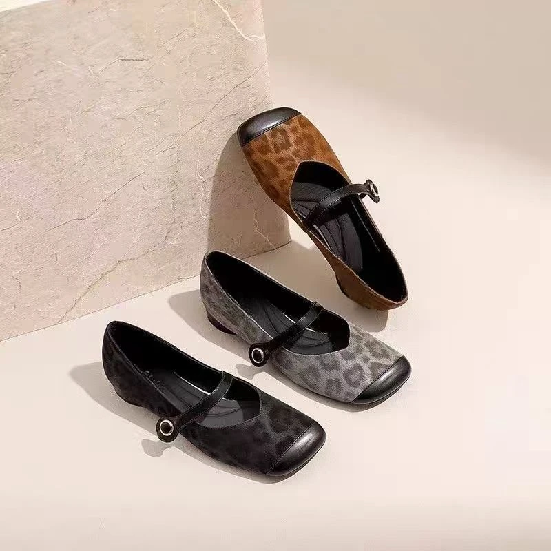 秋季新款女鞋豹纹软皮法式玛丽珍鞋方头平底鞋复古晚晚浅口单鞋