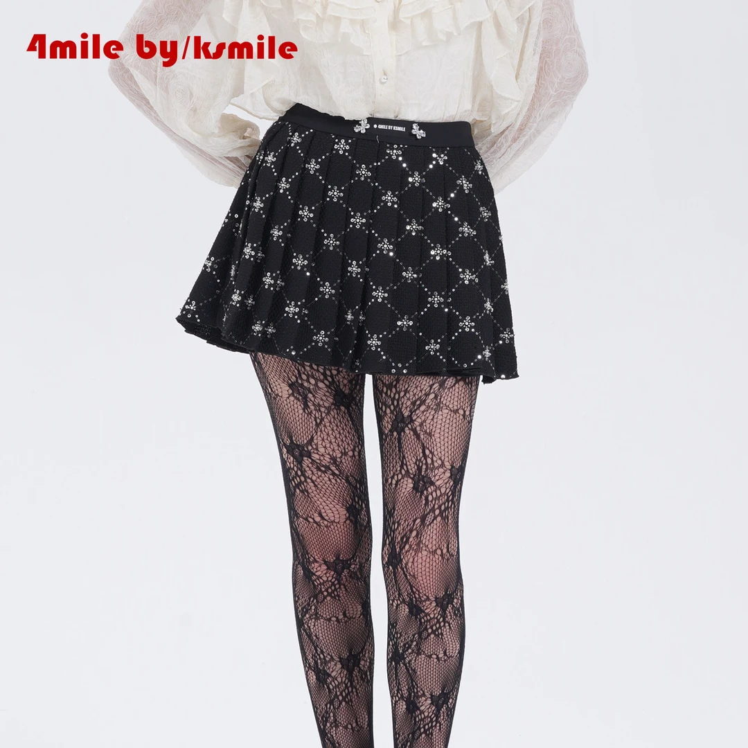 4MILE BY KSMILE | 曜石黑闪闪手工亮片刺绣百褶裙甜美名媛学院风