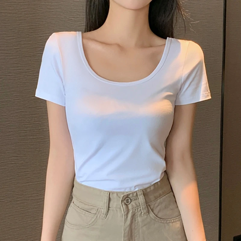 夏季白色t恤女短袖2025新款低领紧身u领打底衫修身露背短款上衣