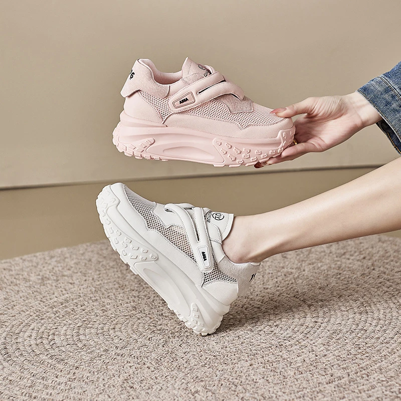 小码内增高老爹鞋女2025春季新款魔术贴厚底小白鞋女网面休闲单鞋