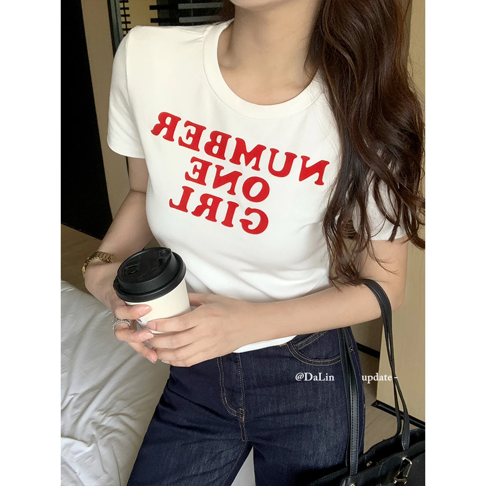 DUOXINIU/多喜牛/DaLin圆领法式夏短款宽松内搭简约标准小众T恤