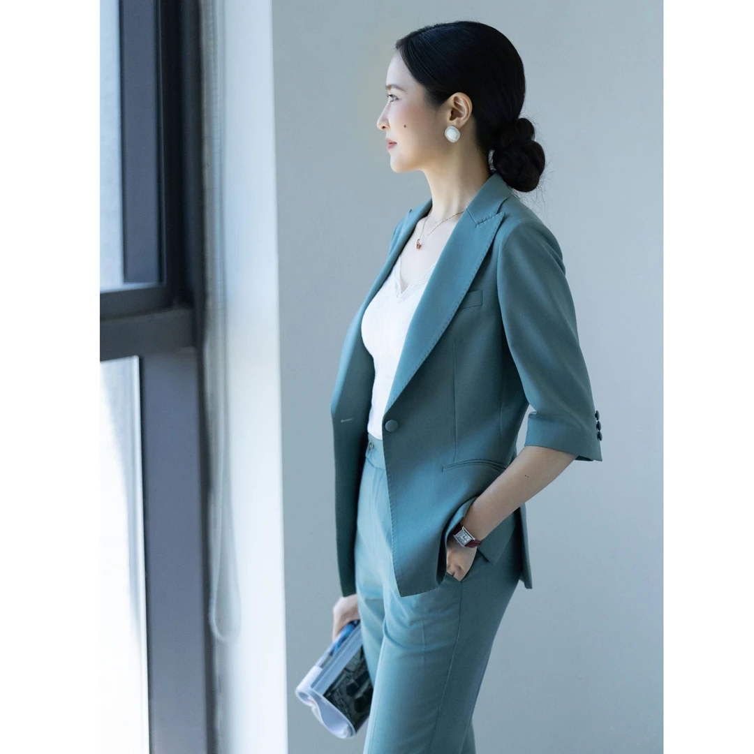 【舍予•大美丽衣号】绿豆色小脚裤早秋西服套装