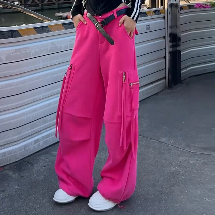 美式高街工装裤女直筒拖地长裤休闲带口袋阔腿裤玫红色运动裤子潮