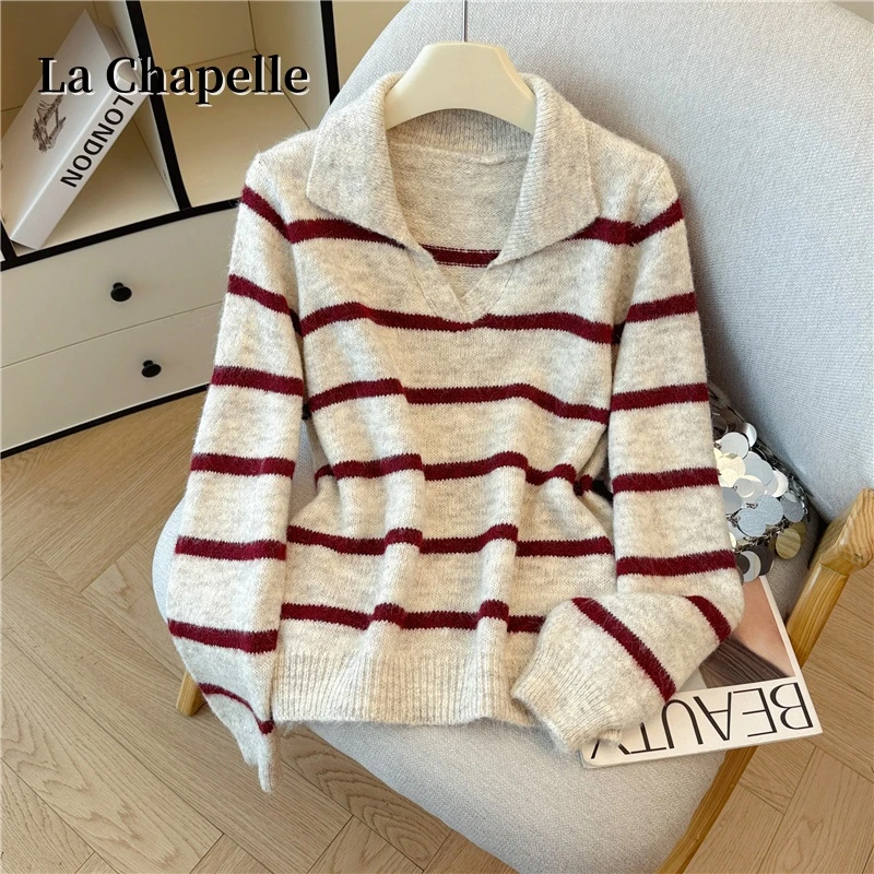 拉夏贝尔韩系条纹慵懒风毛衣女2025秋冬新款高级感气质百搭针织衫