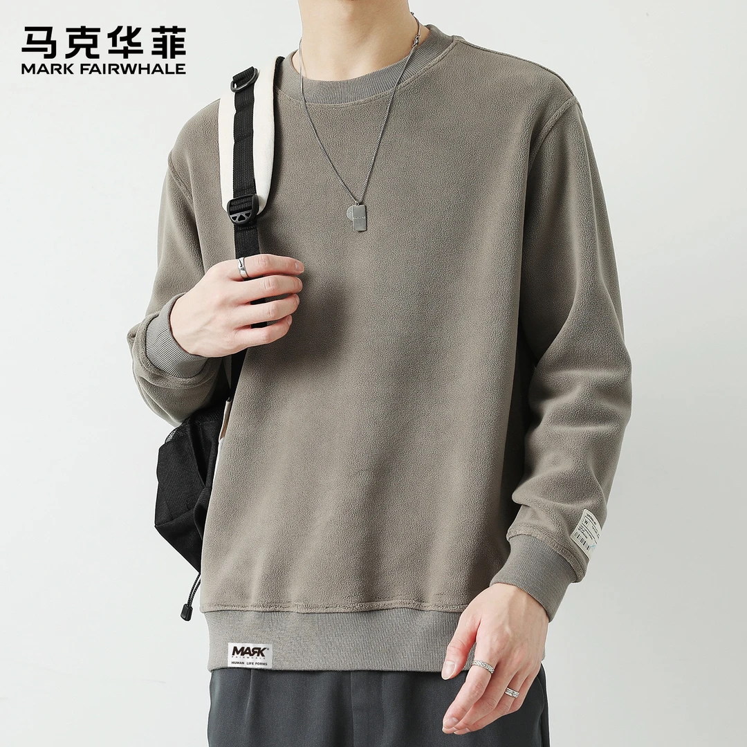 马克华菲摇粒绒长袖T恤男士春秋新款圆领卫衣宽松休闲打底抓绒衣