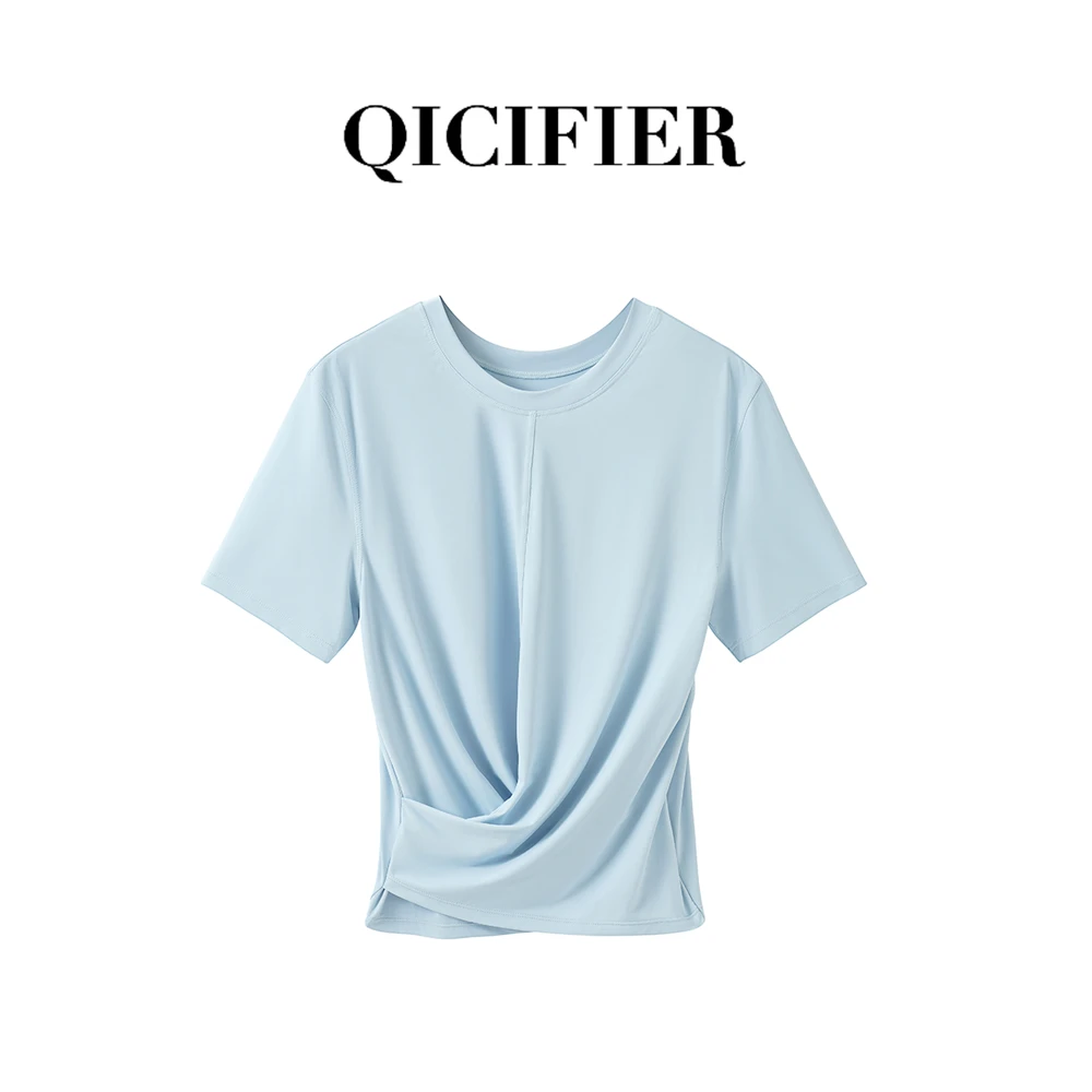 小腰精 冰川蓝黑卡防晒褶皱显瘦瑜伽短袖T恤 3055