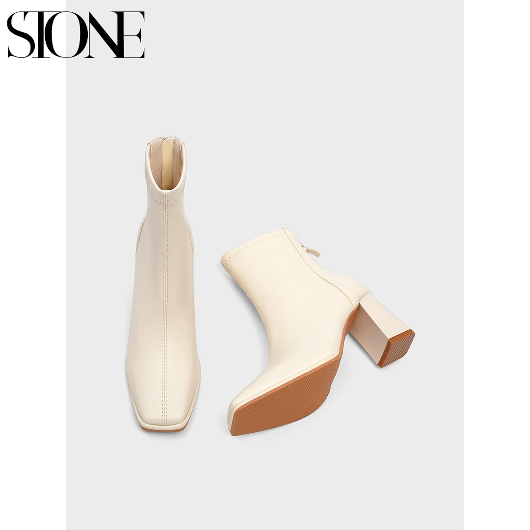 石头家 白色高跟短靴女高跟鞋秋冬季加绒粗跟瘦瘦靴子女2024新款