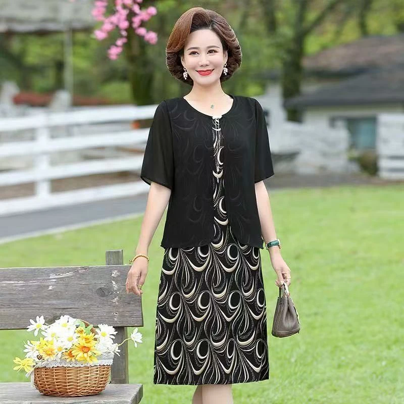 10092-新款妈妈夏装气质连衣裙中年女装裙子中老年高贵显瘦【A仓】